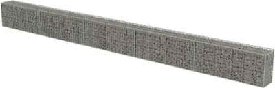 A long, rectangular gabion wall filled with stones, shown from a slight diagonal angle against a white background.