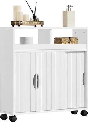 Image de Meuble de salle de bains avec façade ouverte et porte coulissante, meuble de salle de bains à roulettes, meuble de salle de bains, meuble bas de salle de bains, bois, blanc, 69,5 x 20 x 71,5 cm