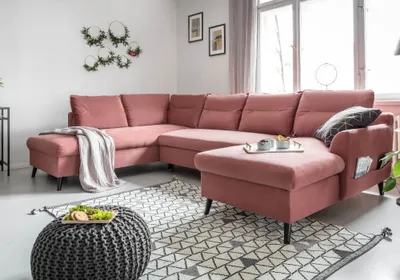 Image de MIUFORM Stylish Stan - Canapé d'angle avec fonction lit et coffre de lit U-FORM GAUCHE - 300x198cm - Velours rose poudré - Canapé-lit Canapé