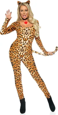 A woman wearing a leopard print catsuit and cat ears.