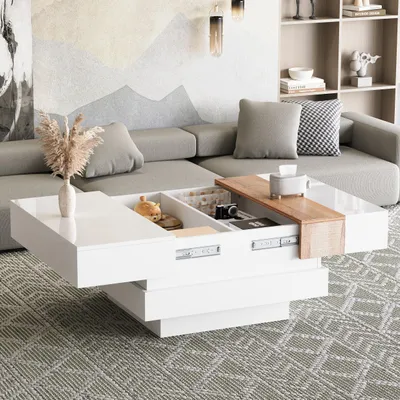 Obrázok produktu pre Sweiko 70x70x39cm vysoký lesk s výsuvnou doskou, bočný stolík, štvorcový konferenčný stolík so skrytým úložným priestorom a priehradkami, biela + základná farba