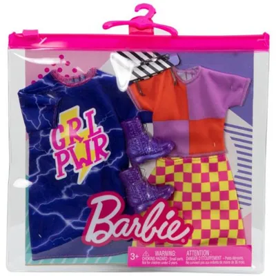 Image de Coffret 2 tenues mode : jupe a carreaux et top + robe bleue + bottes pour poupee barbie - vetement - habit - mattel - hbv69
