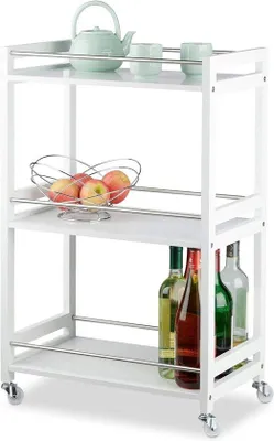 Zdjęcie produktu dla 3-poziomowy wózek do serwowania wykonany z bambusowej płyty MDF i stali - z kółkami - biały - Wymiary: 805 x 51 x 30 cm