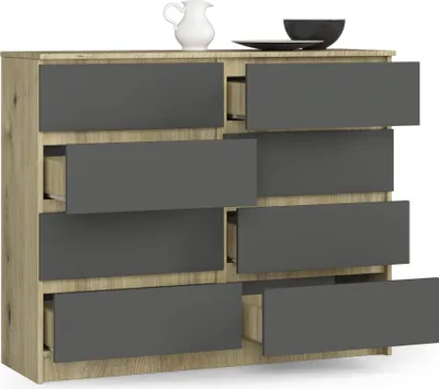 Image de BDW, Commode à 8 tiroirs, 120x99x40 cm, beaucoup d'espace de rangement, Chêne Artisan - Gris