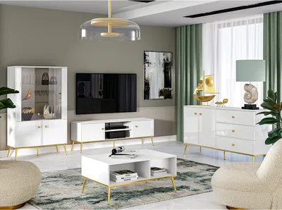 Produktbild von Wohnzimmer Möbel Set in Hochglanz weiß GUBIN-131 im edlen Design mit goldfarbenen Akzenten