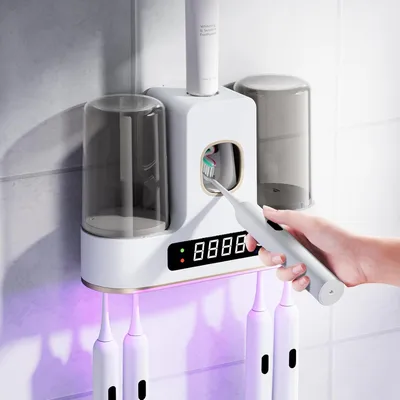 Produktbild von UV Zahnbürstenhalter, Sterilisator mit Touchscreen, Automatischer Zahnpastaspender, USB-Aufladung, Ohne Bohren