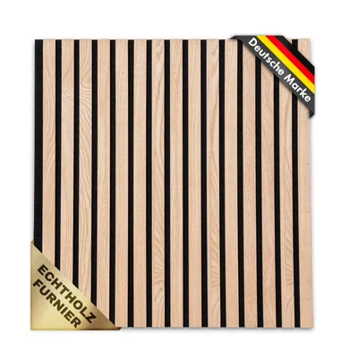A square acoustic panel with vertical wooden slats and black felt backing, displayed on a white background.