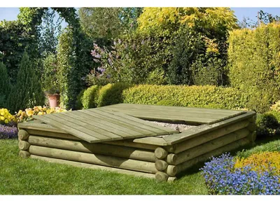 Produktbild von Sandkasten Paulo 180 × 180 cm aus Holz-Palisaden Ø 10 cm mit Deckel