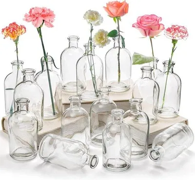 Productafbeelding van Famanu set van 16 glazen vazen - Transparante bloemenvazen voor decoratie