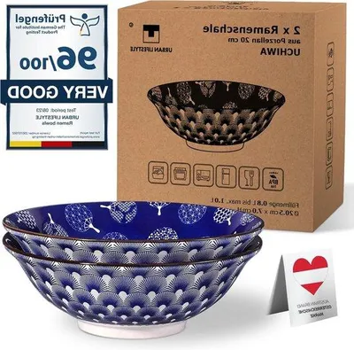 Produktbild von Famanu Ramen-Schalen Set 2-teilig - 1,0 L, 20 cm, blau-weißes Japanisches Muster
