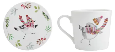 Produktbild von Set mit Tasse und Untersetzer aus Keramik, Motiv Rotkehlchen, 380 ml, in Geschenkbox