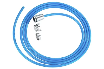 A coiled blue tube with silver connectors on a white background.