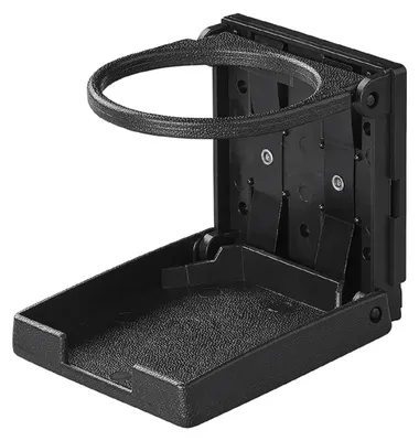 A black foldable car cup holder is shown in an open position against a white background.