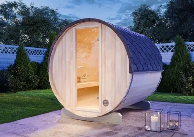 Produktbild von FinnTherm Fass-Sauna Mini S, 194 x 220 x 194 cm Gartensauna, Outdoor Sauna mit 42 mm Wandstärke, inkl. Montagematerial, Glastür aus Sicherheitsglas, 4 Personen, inkl. Dachschindeln, Außensauna