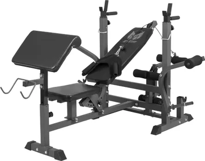Produktbild von GYRONETICS® Multifunktion Hantelbank - mit Langhantel-Ablage, Curlpult und Butterfly, Dip-Station, Beincurler, Verstellbar, 165x139x128 cm, Stahl - Trainingsbank, Kraftstation, Bankdrücken, Schrägbank