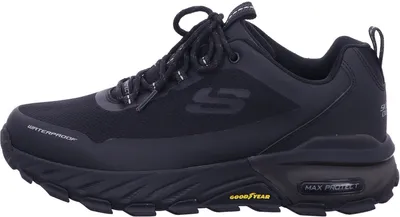 A black Skechers sneaker is shown from the side against a white background.