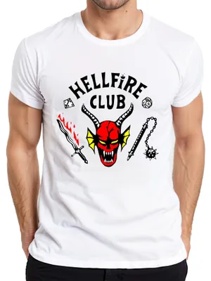 Immagine prodotto di Maglietta da uomo HELLFIRE CLUB Demon Skull Horns D20 Flaming Sword Role Playing, bianco, L