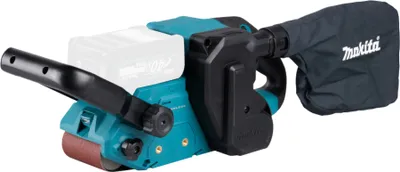 A cordless belt sander with a dust bag attached, shown against a white background.