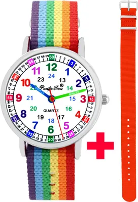 Produktbild von Kinder Armbanduhr Mädchen Jungen Lernuhr Einschulung 2 Armbänder Regenbogen orange