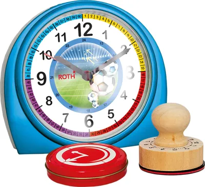 Produktbild von ROTH Lernuhr mit Stempelset - Fußball - Geschenkset aus Kinderwecker und Stempel mit Farbkissen