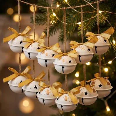 Weihnachtsglocken-Set, 12 Stück, 5 cm, weiß/gold, Metall