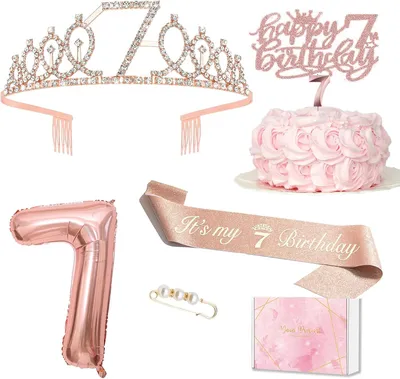 Produktbild von Geburtstagsdekoration 7 Jahre Mädchen, Tiara und Schärpe, 32 Zoll Roségold Folienballon, Partyartikel für