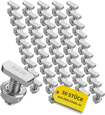 Produktbild von Avoltik 50x Hammerkopfschrauben M8 I 20 mm Edelstahlschrauben mit Montageschienenmuttern I Schrauben aus A2 Edelstahl für Solarmodul-Befestigung