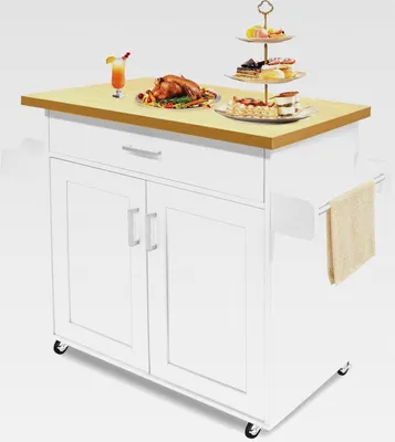 Produktbild von Küchenwagen Küchenschrank mit Rollen und Arbeitsplatte Servierwagen Kücheninsel aus Holz mit Handtuchhalter und Gewürzboard Mobile Küchenschränke Kücheninselwagen Weiß, 115x90x36cm