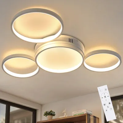 Image de ZMH LED Plafonnier Blanc Dimmable avec télécommande Salon Moderne Ring Design 4 Flammes 52W pour Chambre Bureau Chambre Enfants Salle à manger