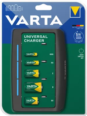The image shows the packaging of a VARTA Universal Charger, with the charger and various battery types visible.