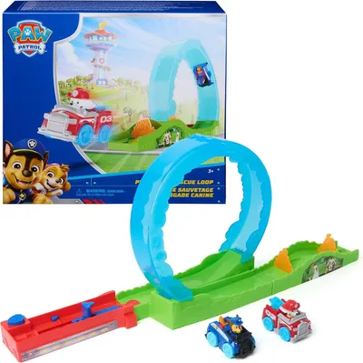 Produktbild von PAW Patrol – Rettungsteam-Rennstrecke – Bahnspeiseset mit den Spielzeugautos von Chase und Marshall aus dem Rettungsteam und einer Fahrzeugabschussvorrichtung