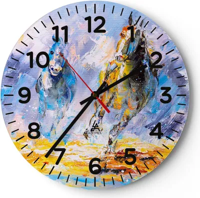 Produktbild von Wanduhr - Rund - Glasuhr - Pferd Natur Tier - 30x30cm - Schleichendes Uhrwerk - Lautlos - zum Aufhängen bereit - Dekoration Modern - Wanddekoration aus Glas - C4AR30x30-3434