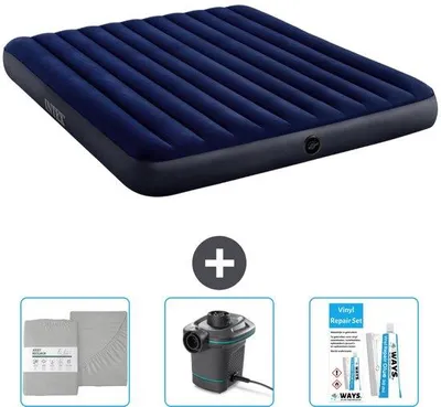 Zdjęcie produktu dla Materac dmuchany dla 2 osób – 183 x 203 x 25 cm – niebieski – w zestawie prześcieradło z gumką – pompka i zestaw naprawczy