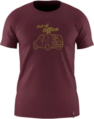 Bordeauxfarbenes T-Shirt von La Sportiva mit einem Druck eines Autos und dem Text "Out of Office".