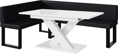 Produktbild von MEBLINI Eckbank für Esszimmer mit ausziehbarem Tisch - Küchenbank - Essecke - Sitzecke Küche - ERIC - U-Beine 142x196x87cm Links - Schwarz Kunstleder/B Weiß Hochgl.