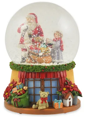 Produktbild von Spieluhr Schneekugel "Weihnachtsmann mit Geschenkesack und Teddy" 14 cm | 72284