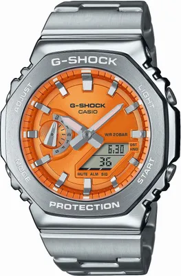 A close-up studio shot of a G-Shock watch with an orange face and silver metal band.