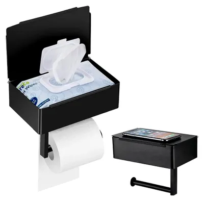 Produktbild von Klopapierhalter mit Feuchttücherbox Ohne Bohren, Edelstahl Toilettenpapierhalter Schwarz,wc Papier Halterung Selbstklebend, Toilettenpapier Aufbewahrung für Badezimmer und Küche