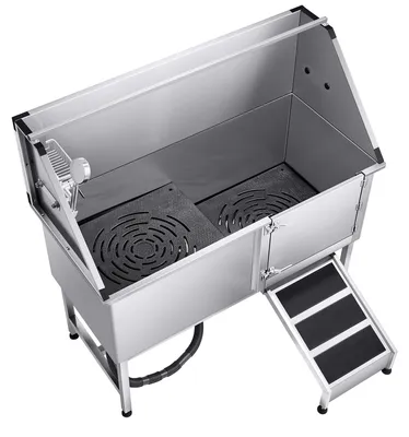 Zdjęcie produktu dla SucceBuy – stanowisko do mycia psów ze stali nierdzewnej, 1500 x 700 x 1495 mm, wanna do pielęgnacji zwierząt z rampą, płytą filtrującą wodę z PE, kranem, głowicą prysznicową i uchwytem na mydło, odpowiednia dla zwierząt domowych różnej wielkości (drzwi po prawej stronie)