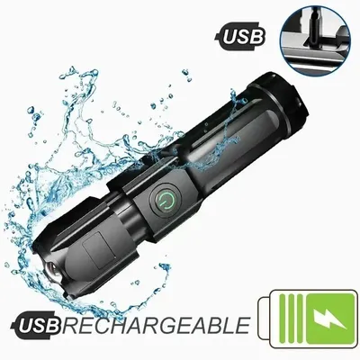 Produktbild von Wiederaufladbare LED-Taschenlampe mit USB-Ladung, Zoomfunktion, Lithium-Akku und wasserdichtem Gehäuse