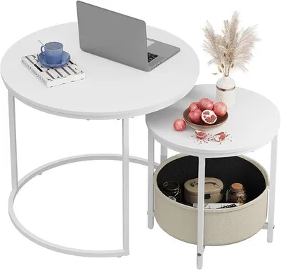 Imagen del producto de Mesa de centro redonda, blanca, para sala de estar, con espacio de almacenamiento, mesa auxiliar con estructura de metal, ideal para sala de estar, dormitorio u oficina, color blanco