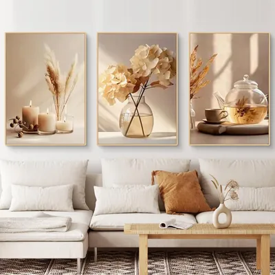 Image de Ensemble de 3 tableaux de style bohème, motif floral beige, format 50x70 cm