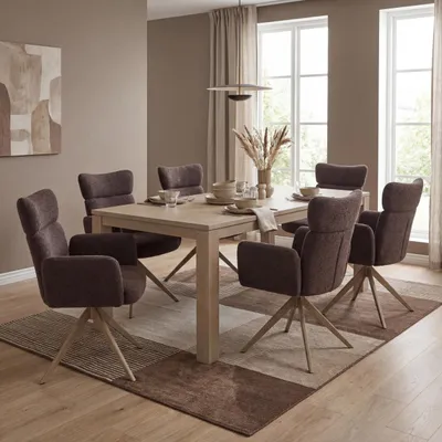 Produktbild von 6er-Set Esszimmerstuhl MCW-N11, Stuhl, drehbar Auto-Return Stoff Bouclé 350g/m²  dunkelbraun, Beine Holz-Optik
