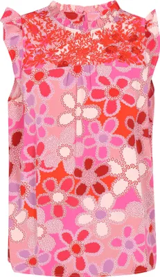 Produktbild von Damen Bluse rosa Größe L mit Rundhalsausschnitt, Rüschenkragen und floraler Stickerei