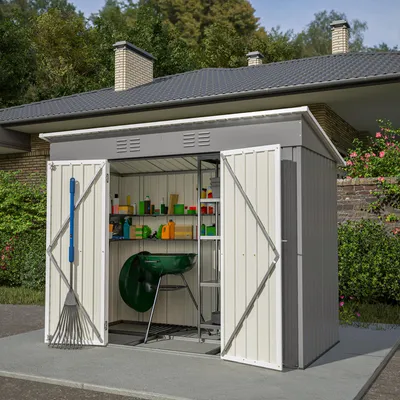 Image de 8x4 FT Abri de jardin en métal avec fondations en métal (sans sol), résistant aux intempéries Abri de jardin pour extérieur Jardin Terrasse, Gris