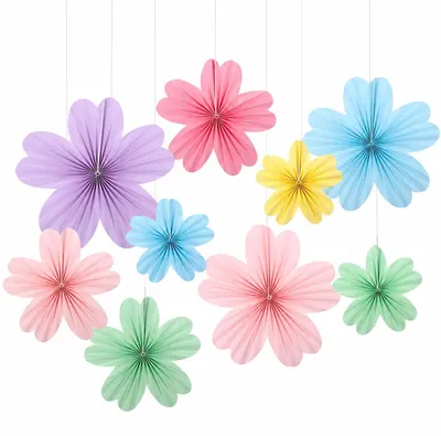 Papierblumen-Set, 9 Stück, 3 Größen, Pastell, zum Aufhängen