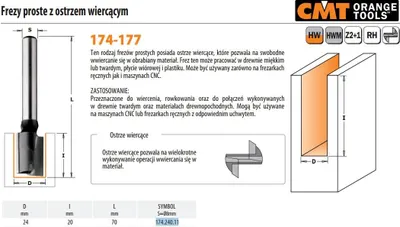 Zdjęcie produktu dla Cmt Frez Prosty Hm D=24 I=20 L=70 S=8 Z Ostrzem Wiercącym