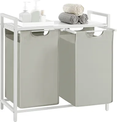 Immagine prodotto di VASAGLE Cesto per biancheria a 2 scomparti, con ripiano, estraibile, 2 x 46 L