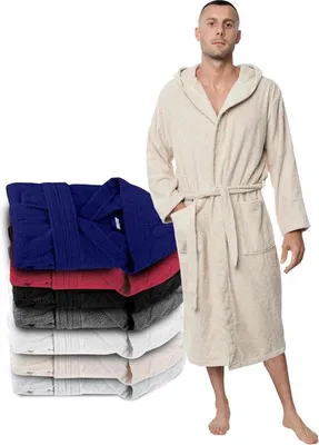 Produktbild von Famanu Bademantel für Herren – 100% Baumwolle, mit Kapuze, 2 Taschen, Gürtel
