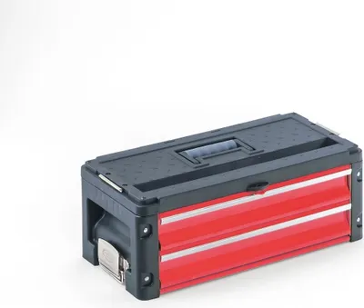 A red and black toolbox with two drawers, shown against a white background.